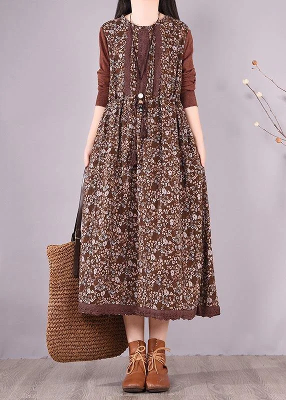 ruched dressNatural O Neck Lace Spring Clothes Design Chocolate Print Maxi Dress