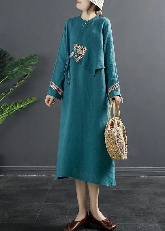 textured dressChic Blue Embroidery Quilting Clothes Patchwork Loose Dresses