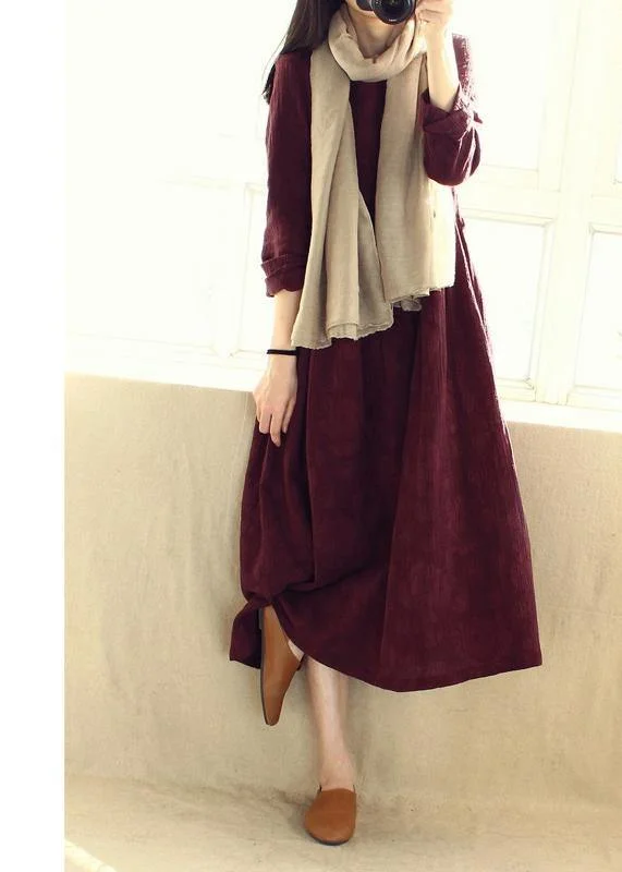 v-neck dressNatural O Neck Cinched Dresses Catwalk Burgundy Jacquard Robe Dresses