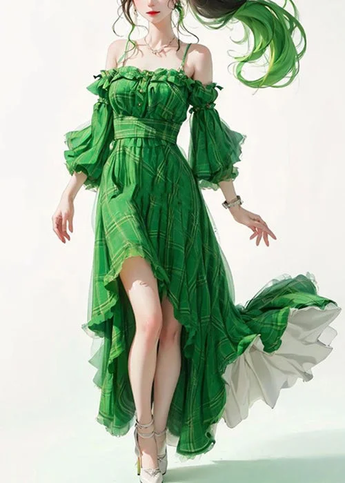 luxury dressBeautiful Green Ruffled Patchwork Cotton Spaghetti Strap Dresses Flare Sleeve