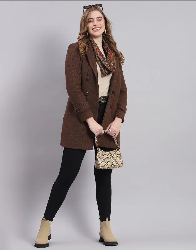 lightweight winter coatWomen Brown Solid Lapel Collar Full Sleeve Coat