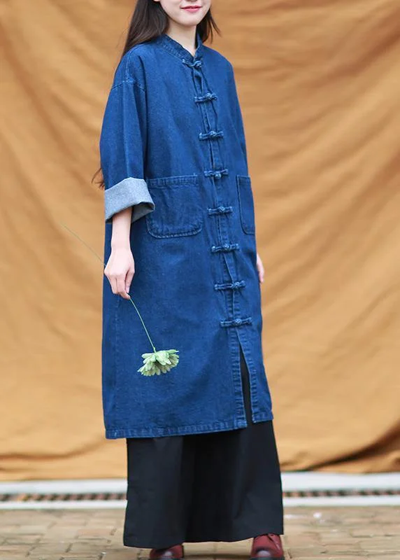 form-fitting dressDIY denim blue tunic stand collar pockets Maxi Dress