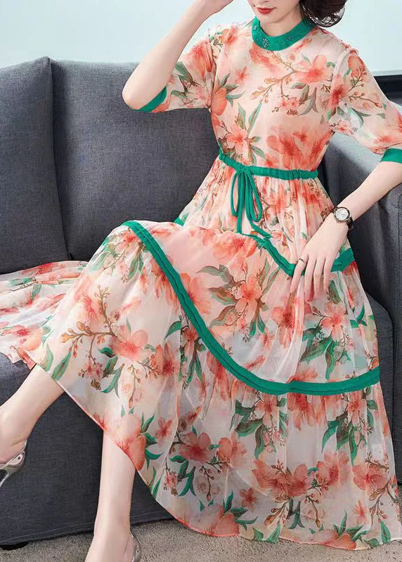 summer dressFine Orange Print Exra Large Hem Chiffon Cinched Dress Summer